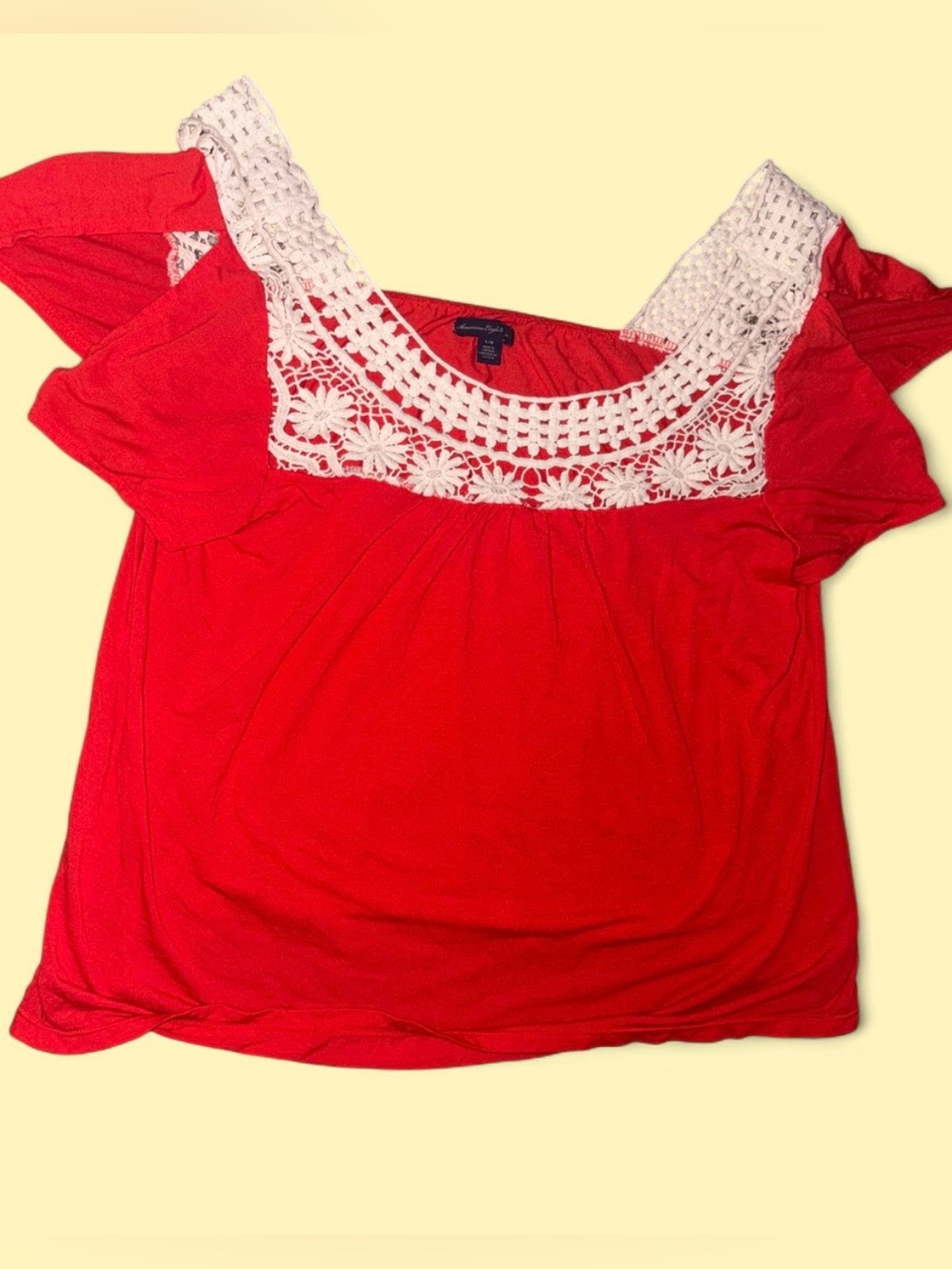 American Eagle Outfitters Red Crochet Lace Cold Shoulder Top - Size L